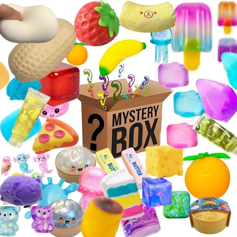Mystery Box Blind Bag - 100個以上入りサプライズボックスおもちゃ、ストレス解消グッズ詰め合わせ、スクイーズフィギュア、ブラインドボックス、楽しいミステリー、フィジェット、ストレス解消サプライズ